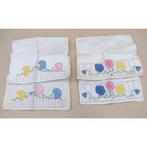 Vintage Hand Stitched Floral Linen Napkins Set Of 4 Flowers Handkerchiefs
